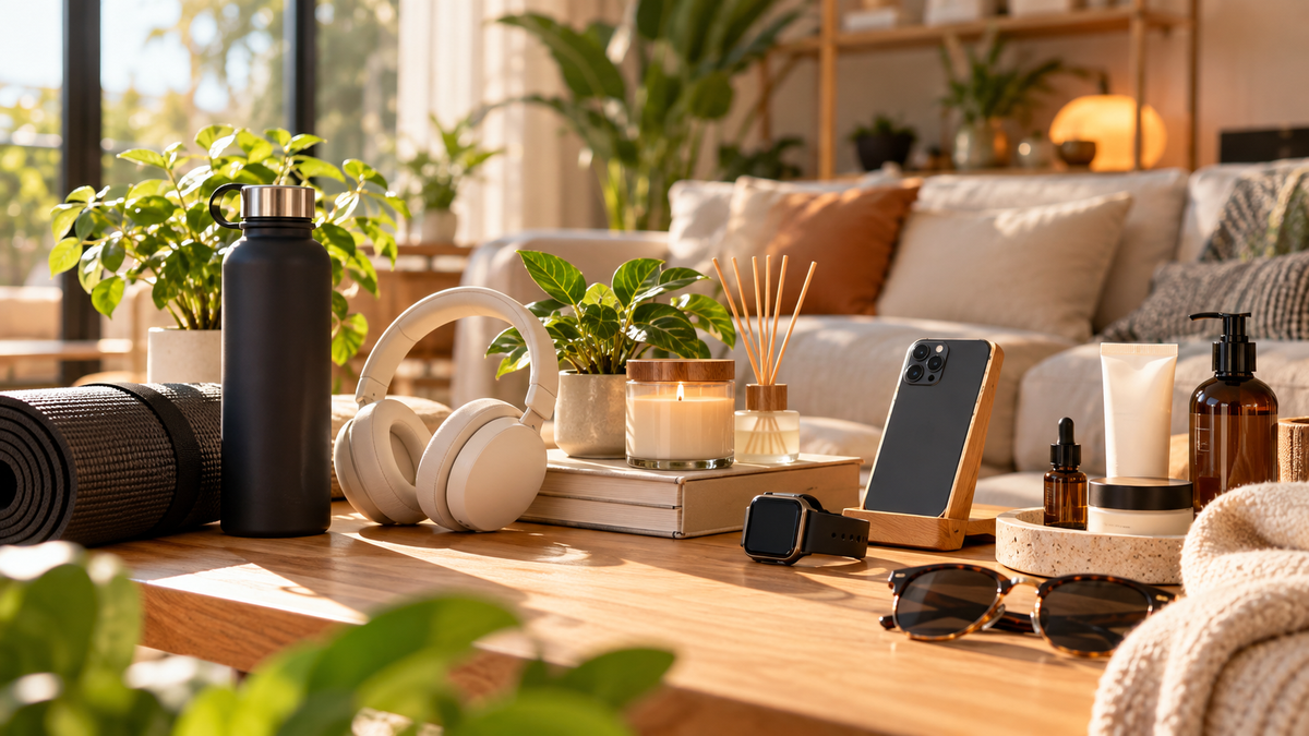 Warm modern lifestyle scene with curated everyday products